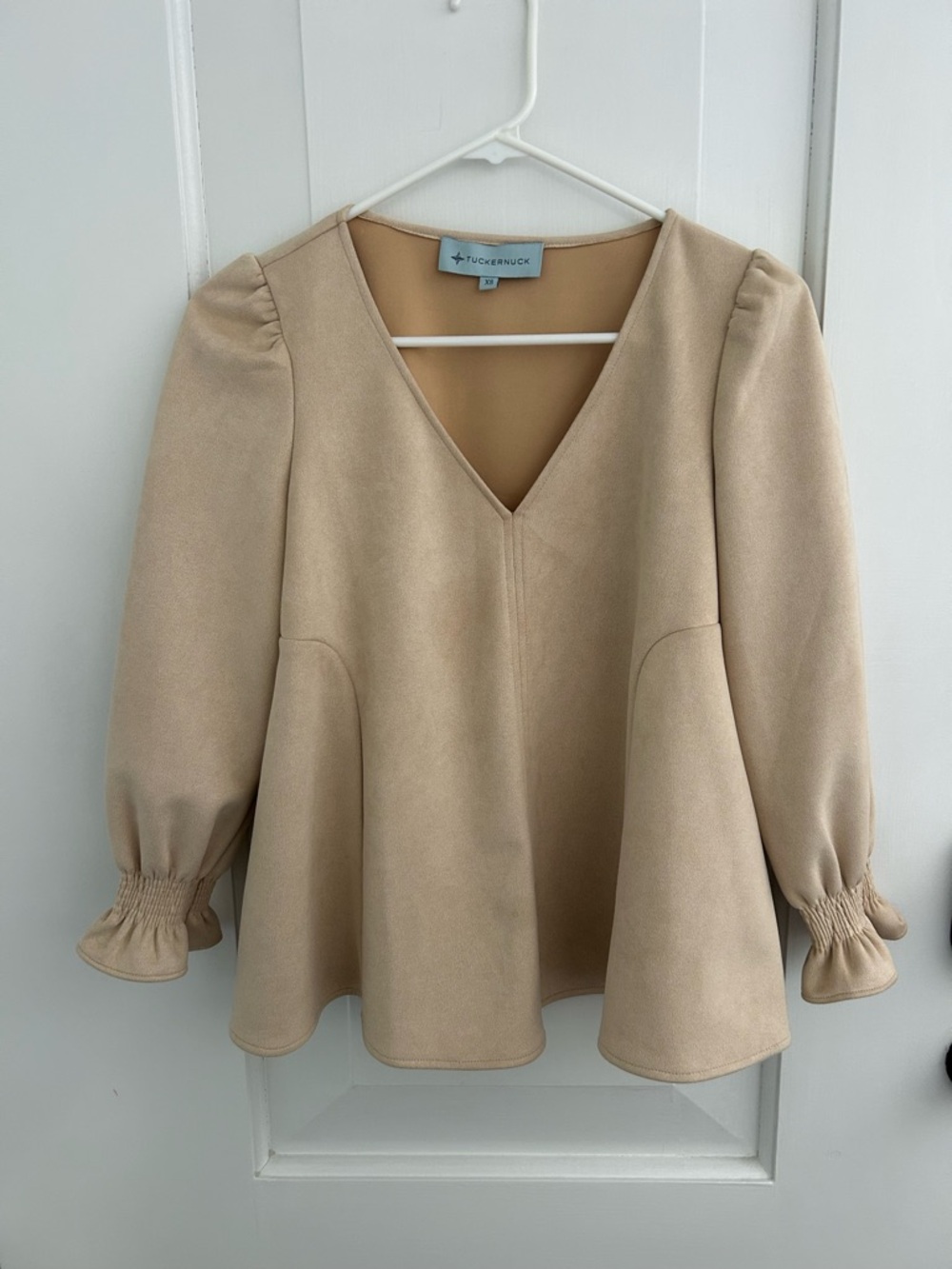 Tuckernuck Easton Suede V-Neck Ruffle Cuff Beige Blouse